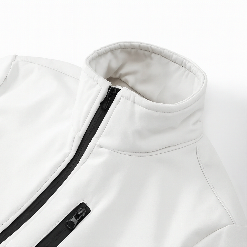 Ski jas wit met zwarte rits detailopname