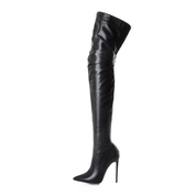 Black over-the-knee boots with gold heel, isolated front view