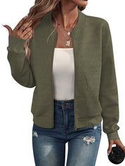 Green bomber jacket with textured pattern front view