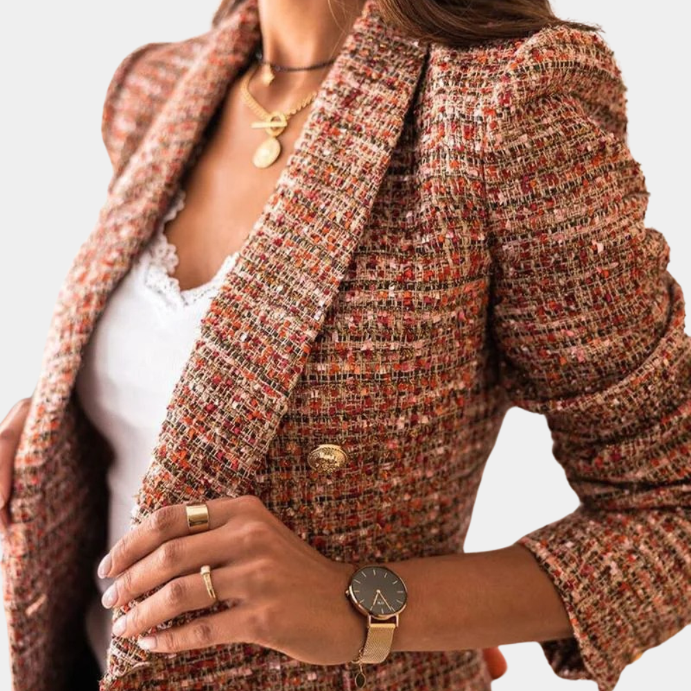 Women's tweed blazer in orange and brown plaid, front view
