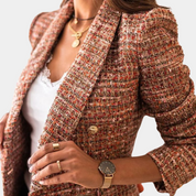 Women's tweed blazer in orange and brown plaid, front view