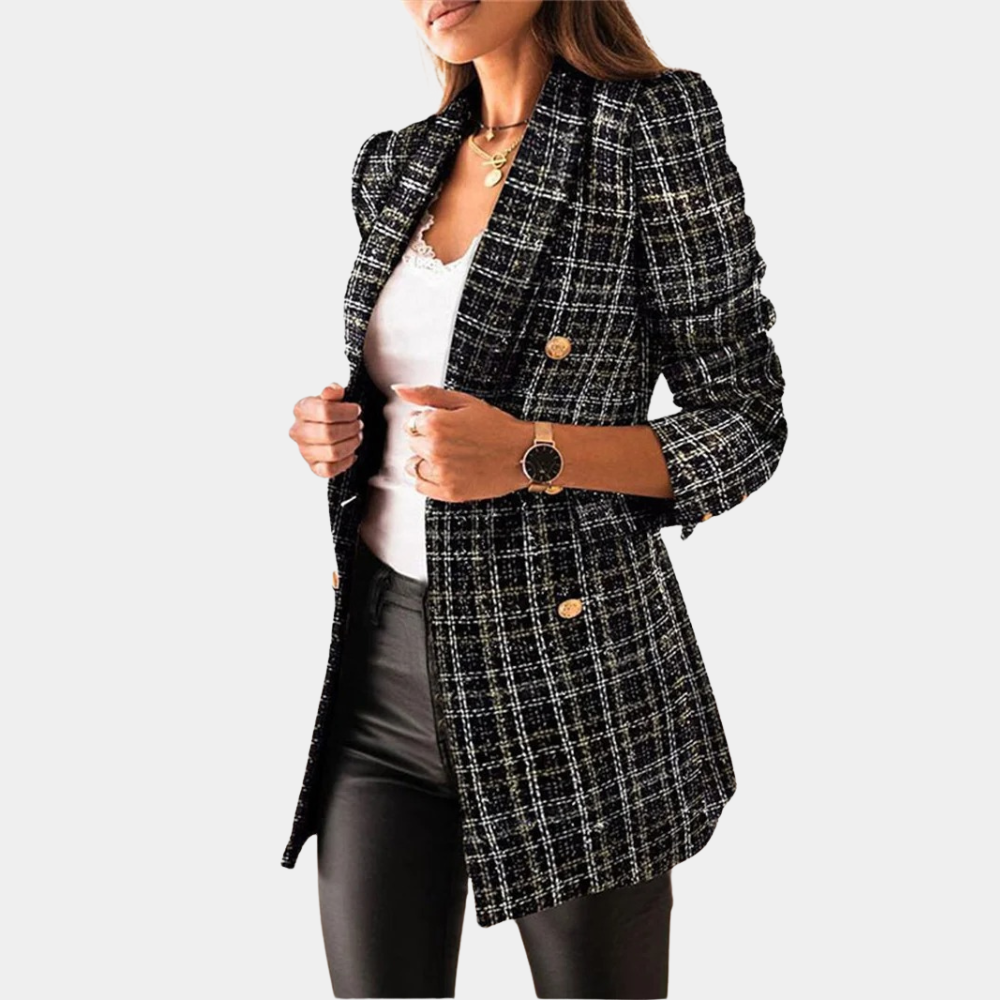 Women's tweed blazer in black and white plaid, side profile