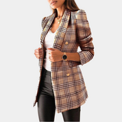 Women's tweed blazer in beige and brown plaid, side profile