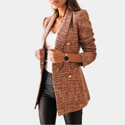 Women's tweed blazer in orange and brown plaid, side profile