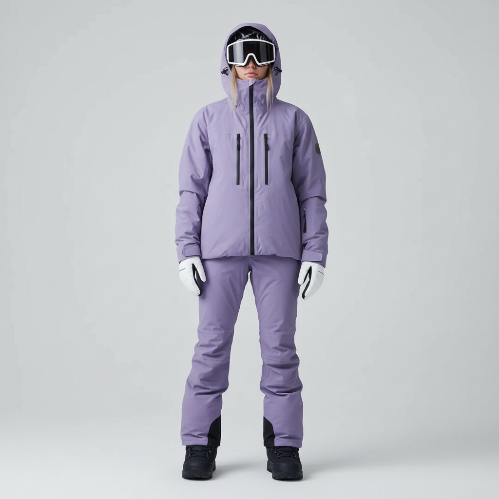 Women's ski outfit in lavender with matching pants, studio front view