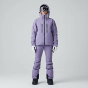 Women's ski outfit in lavender with matching pants, studio front view
