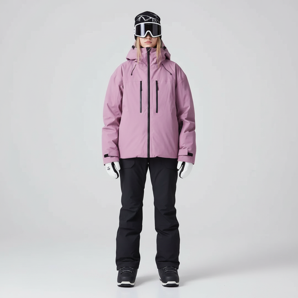 Women's ski jacket in lavender with black pants, studio front view