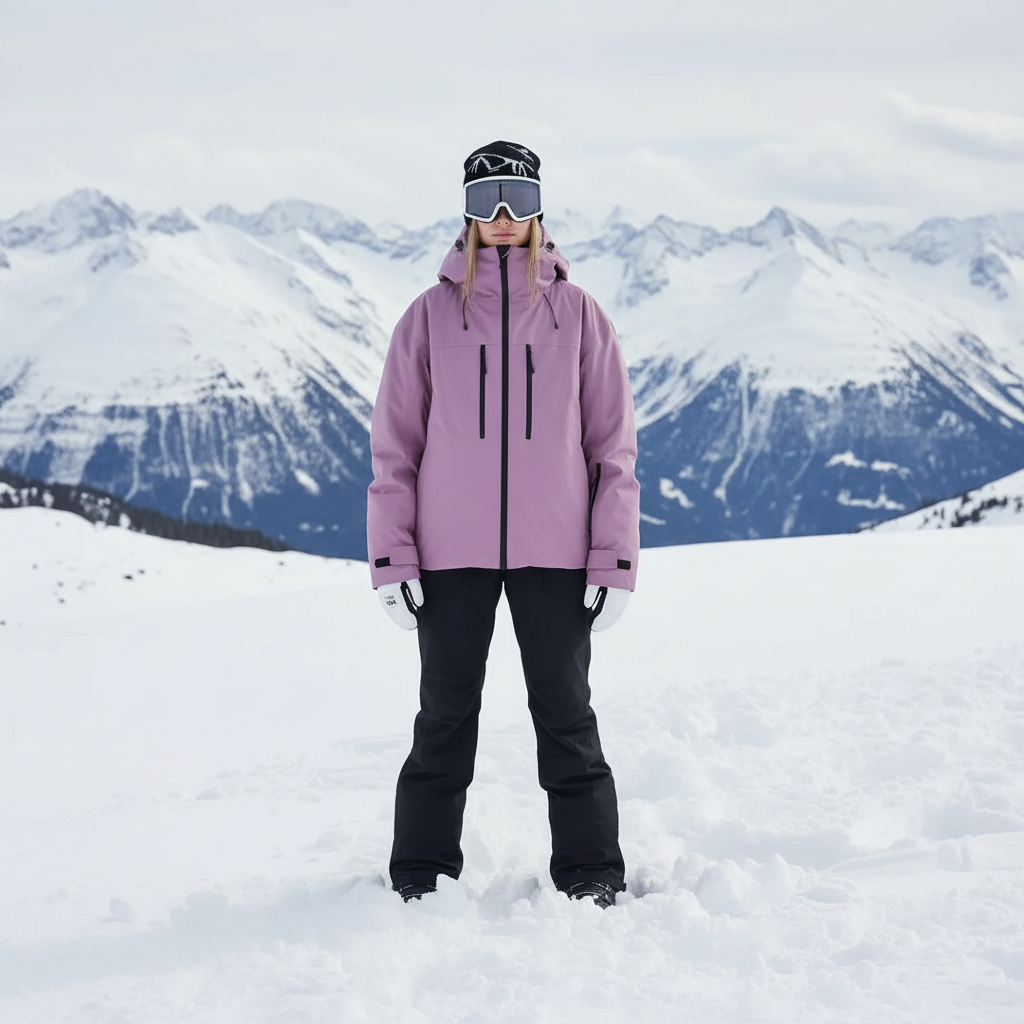 Women's ski jacket in lavender with black pants, front view in snowy mountains