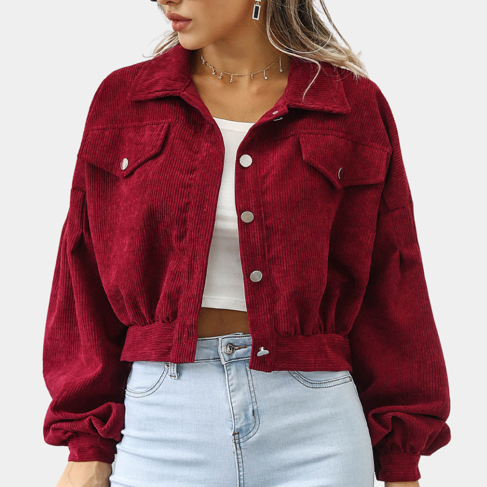 Corduroy jacket red with balloon sleeves front view