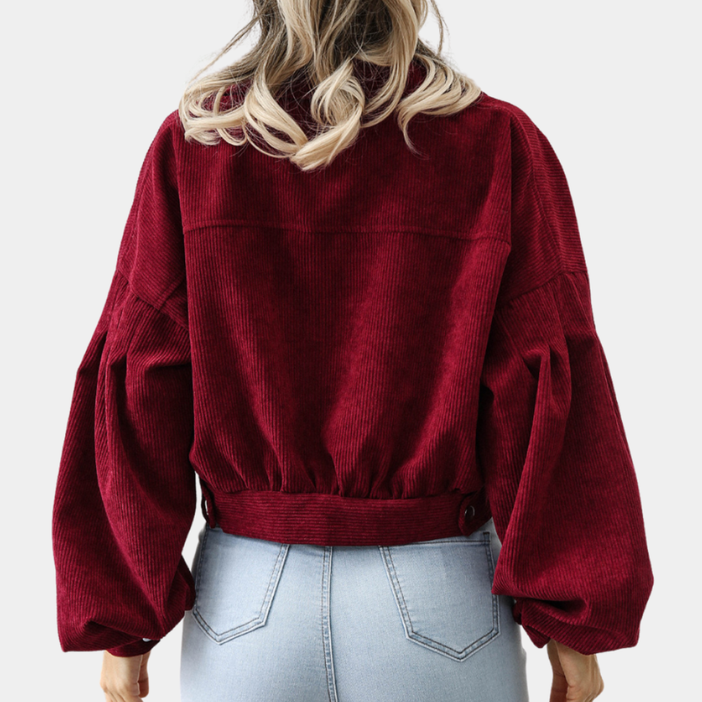 Corduroy jacket red with balloon sleeves back view