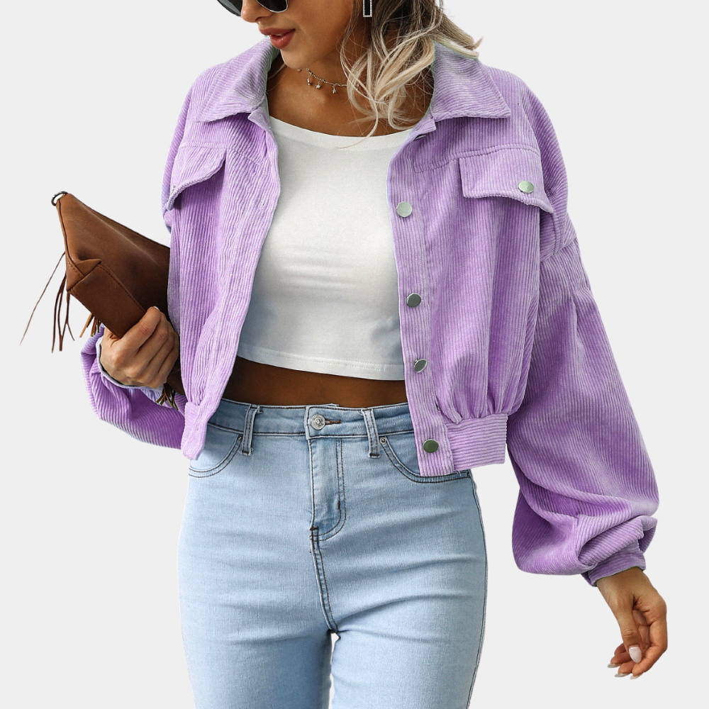 Corduroy jacket purple with balloon sleeves front view