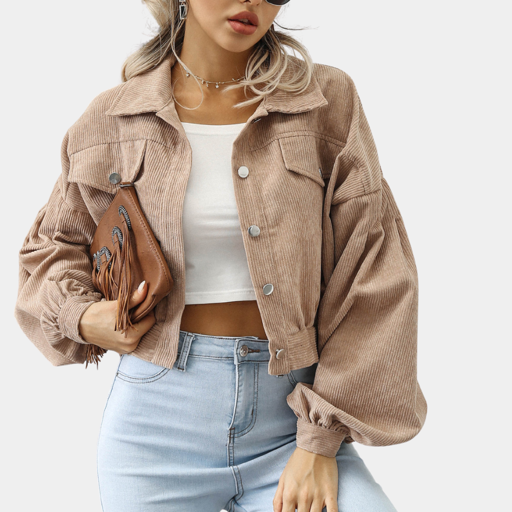 Corduroy jacket beige with balloon sleeves front view