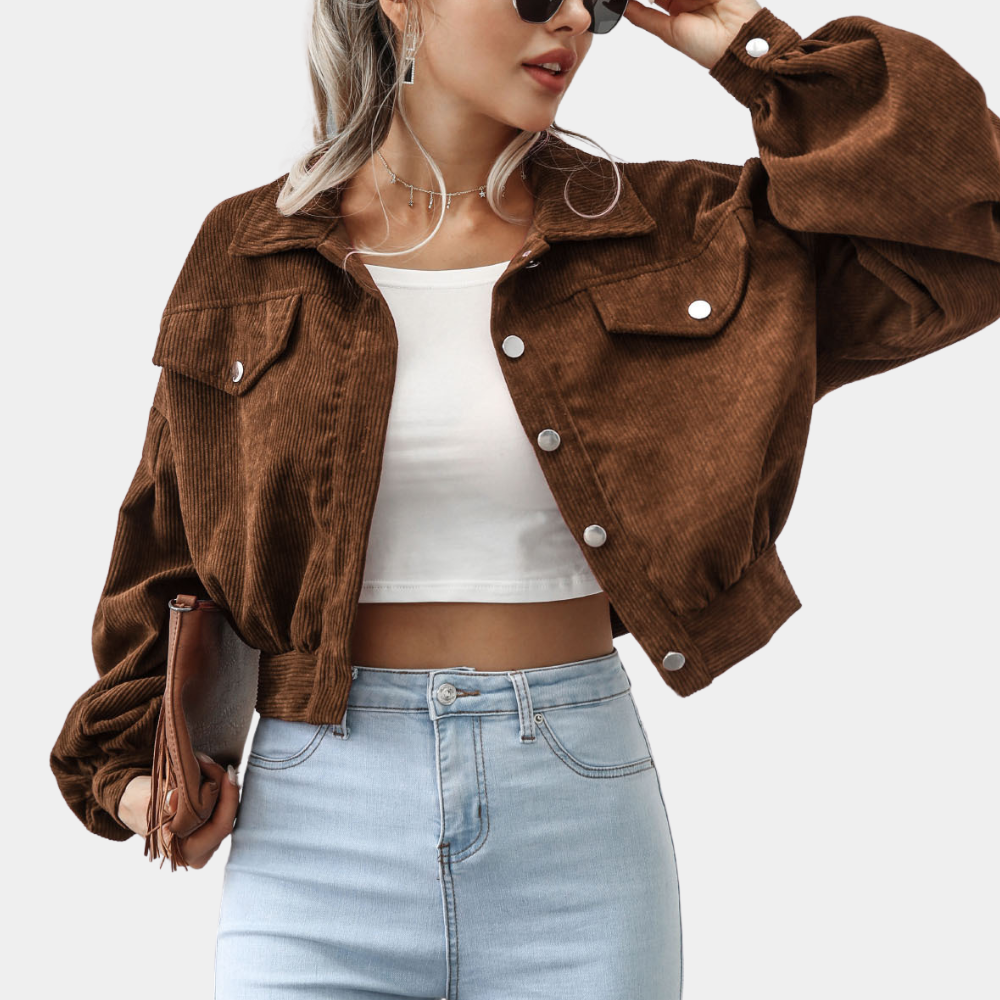 Corduroy jacket brown with balloon sleeves front view