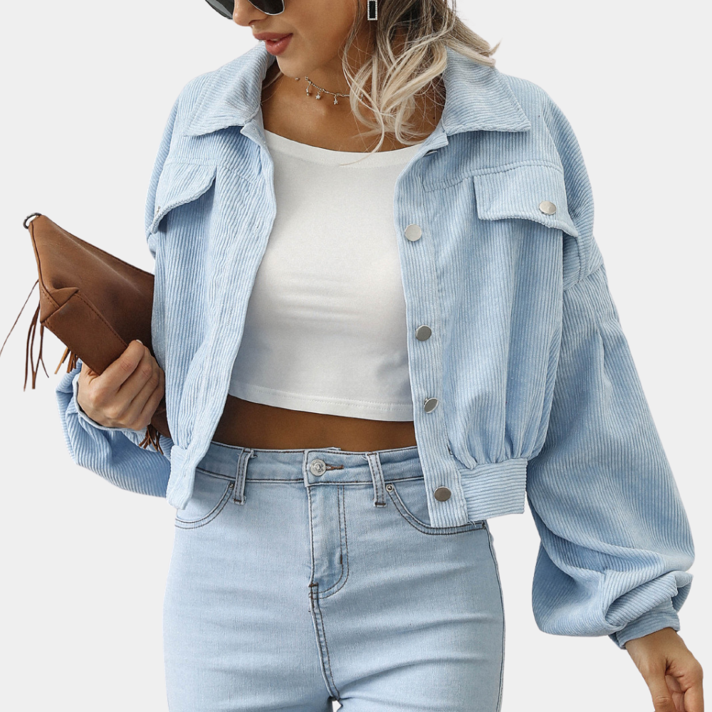 Corduroy jacket light blue with balloon sleeves front view