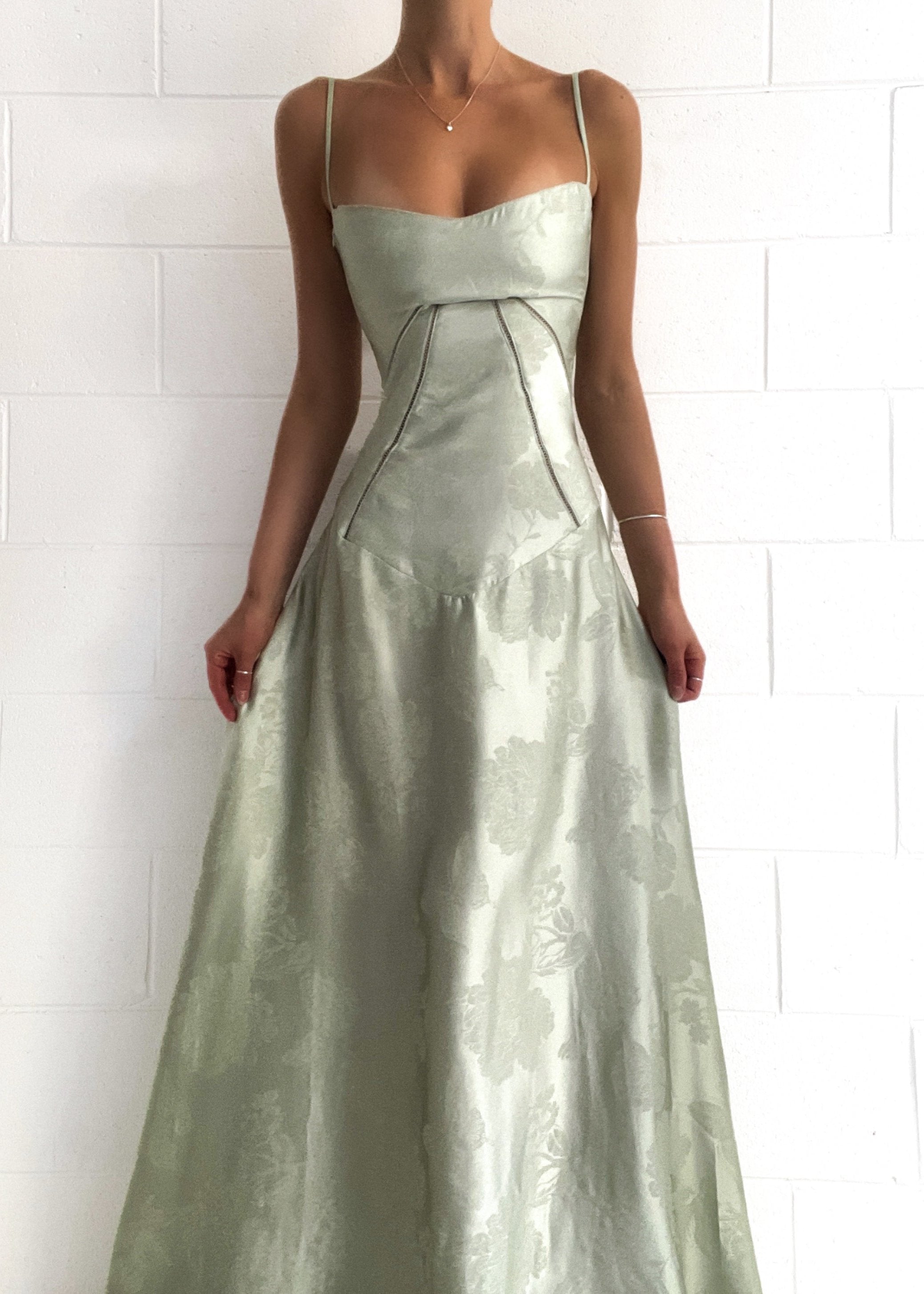 Evening dress light green floral pattern front view