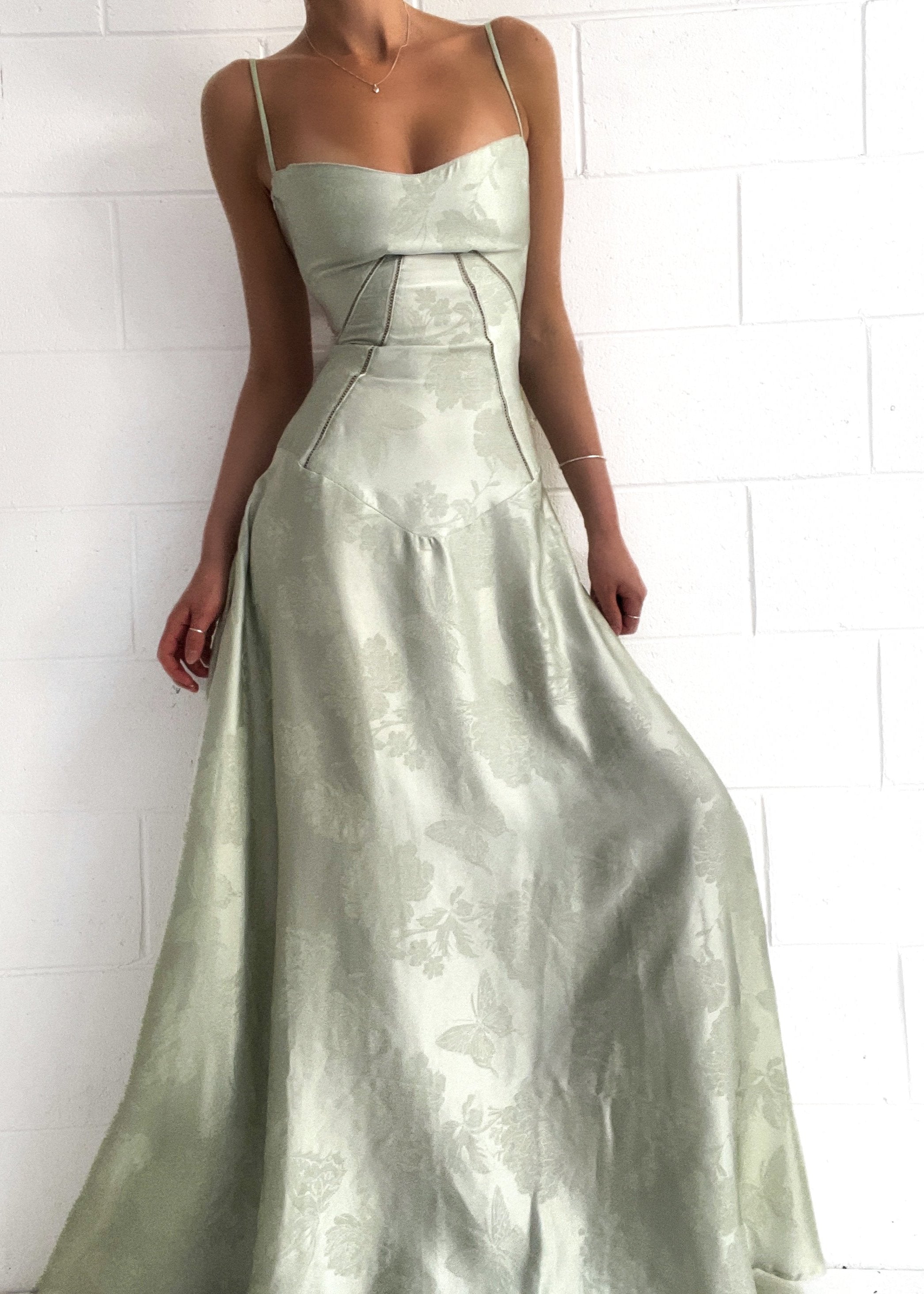Evening dress light green floral pattern front view