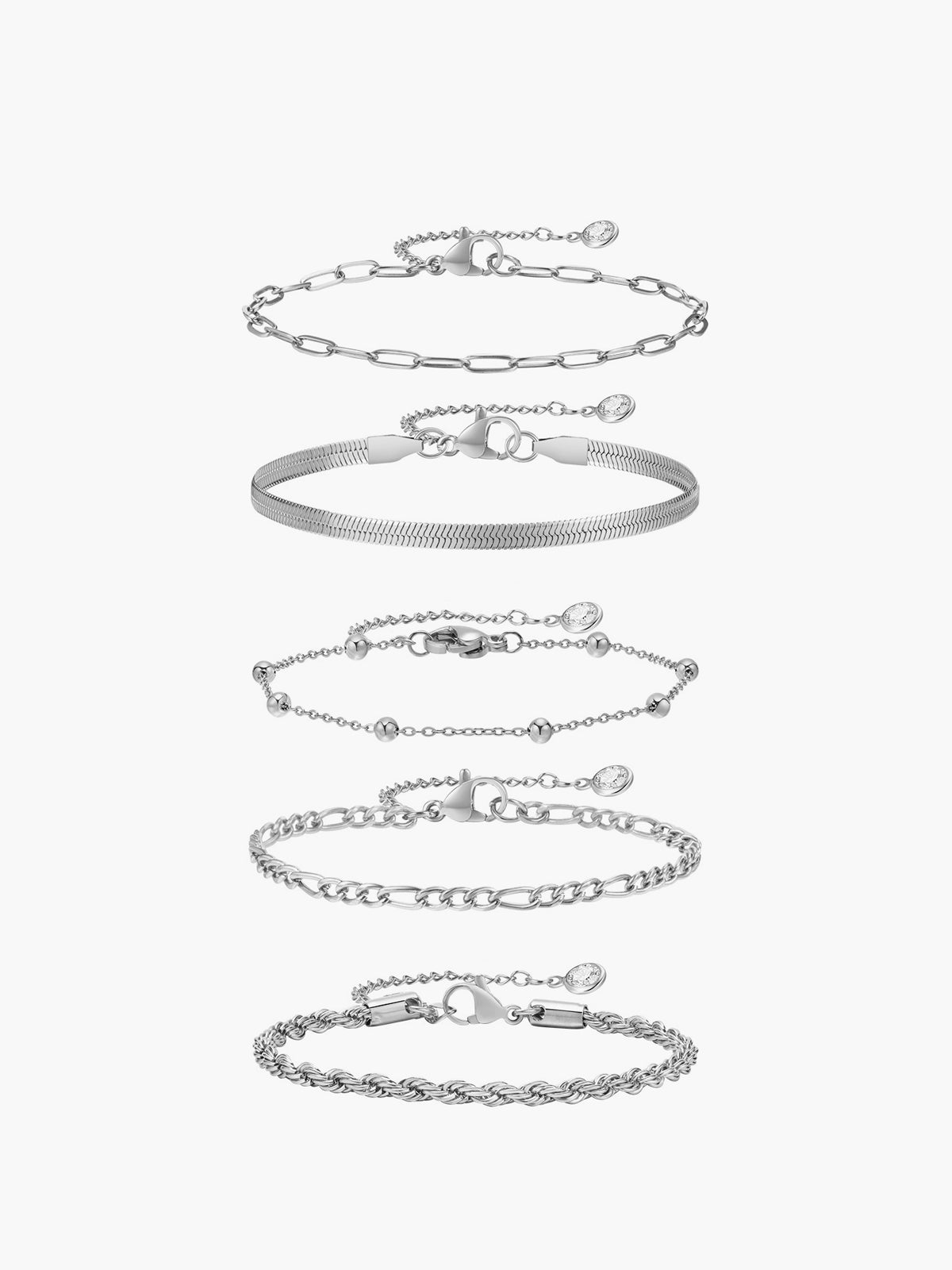 Armbanden set van 5, zilverkleurig, verschillende stijlen, front view