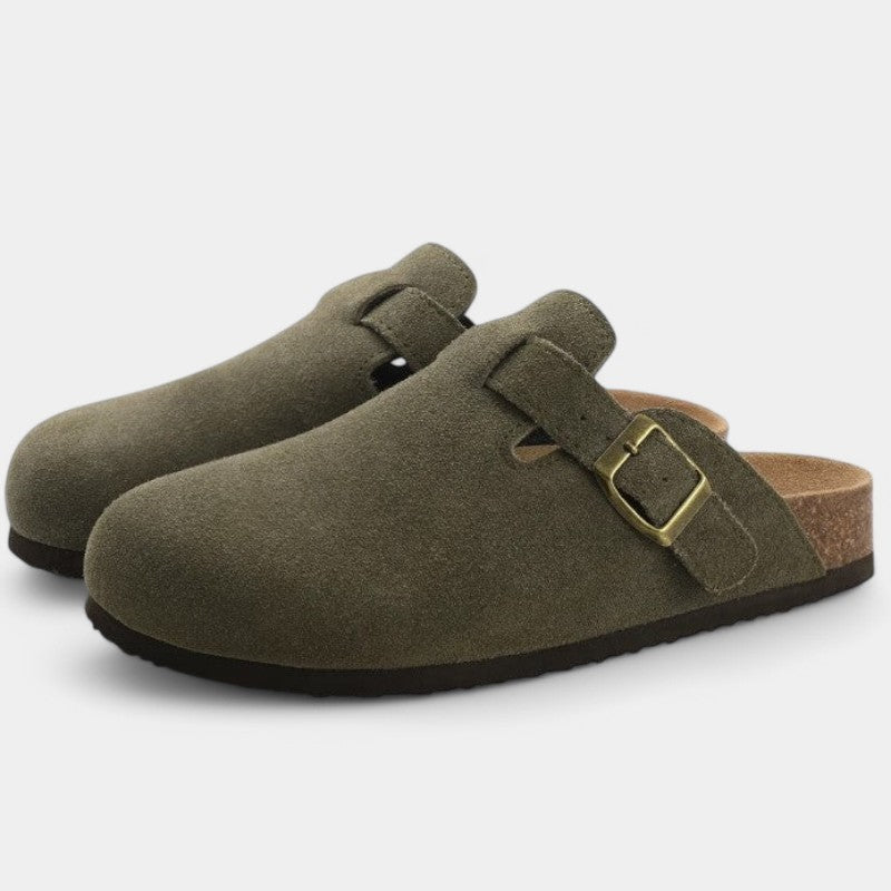 Olive suede clogs with gold buckle front view