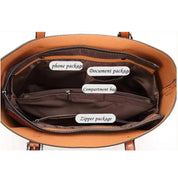 Brown tote bag interior with labeled compartments