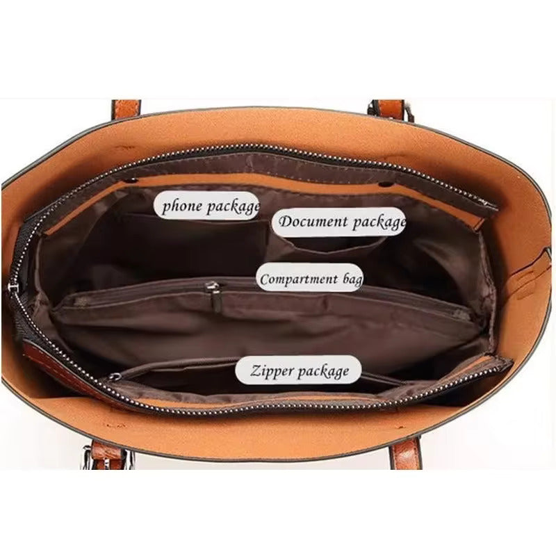 Brown tote bag interior with labeled compartments