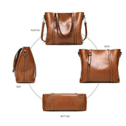 Brown tote bag multi-angle view showing front, side, back, and bottom