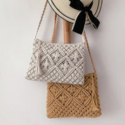 White and beige macramé crossbody bags hanging display