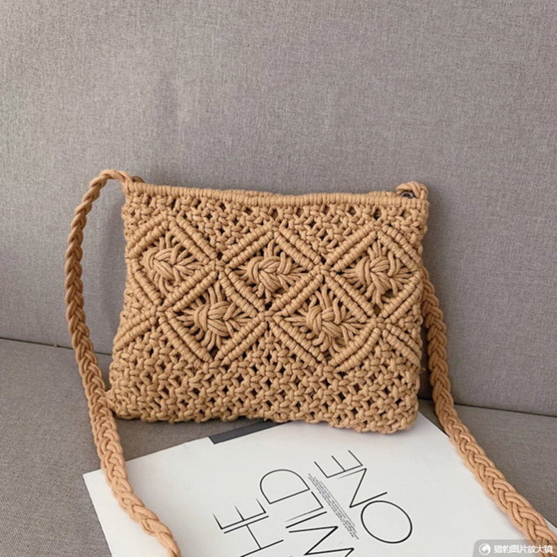Beige macramé crossbody bag on couch