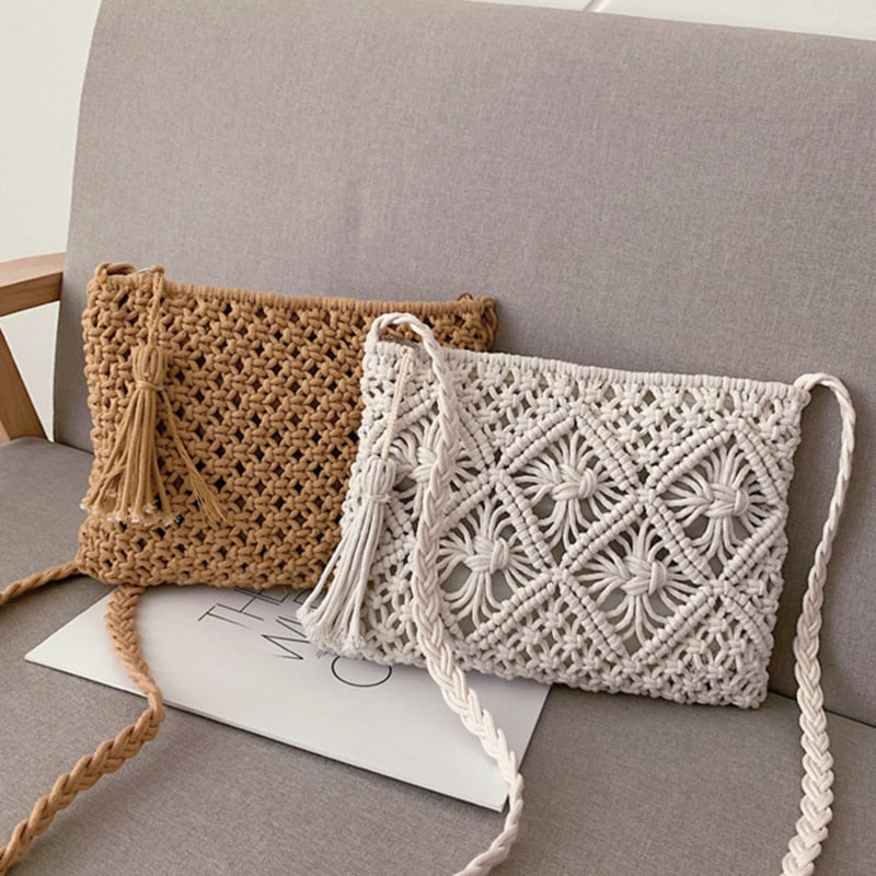 White macramé crossbody bag on couch