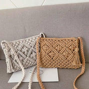 White and beige macramé crossbody bags on couch