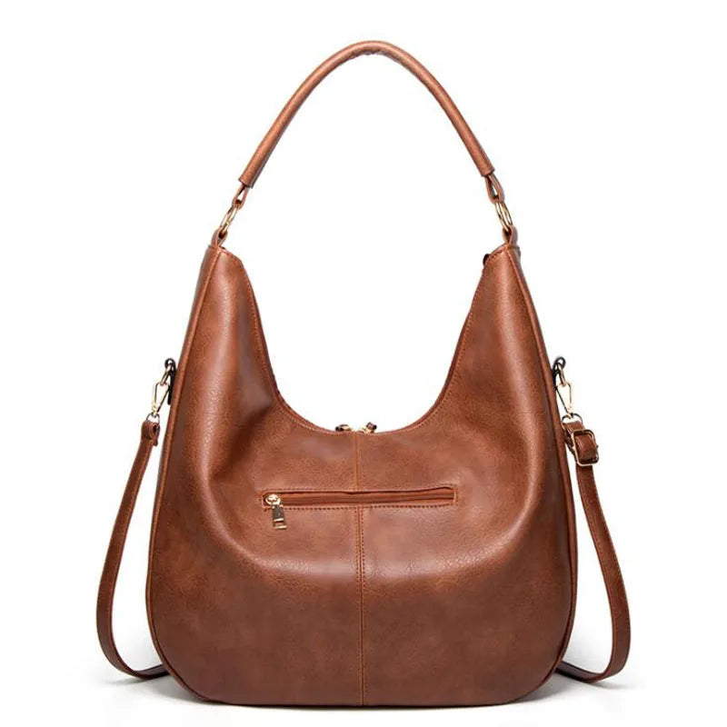 Brown leather hobo bag front view with front pocket