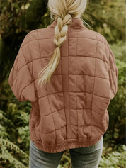 Pink quilted bomber jacket back view