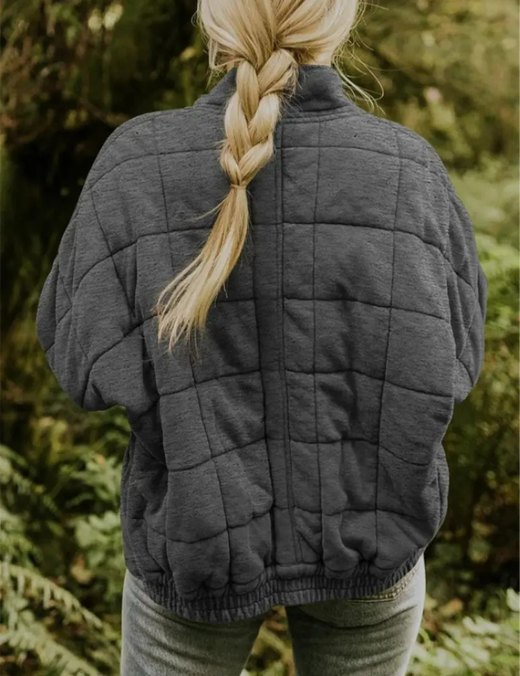 Gray quilted bomber jacket back view