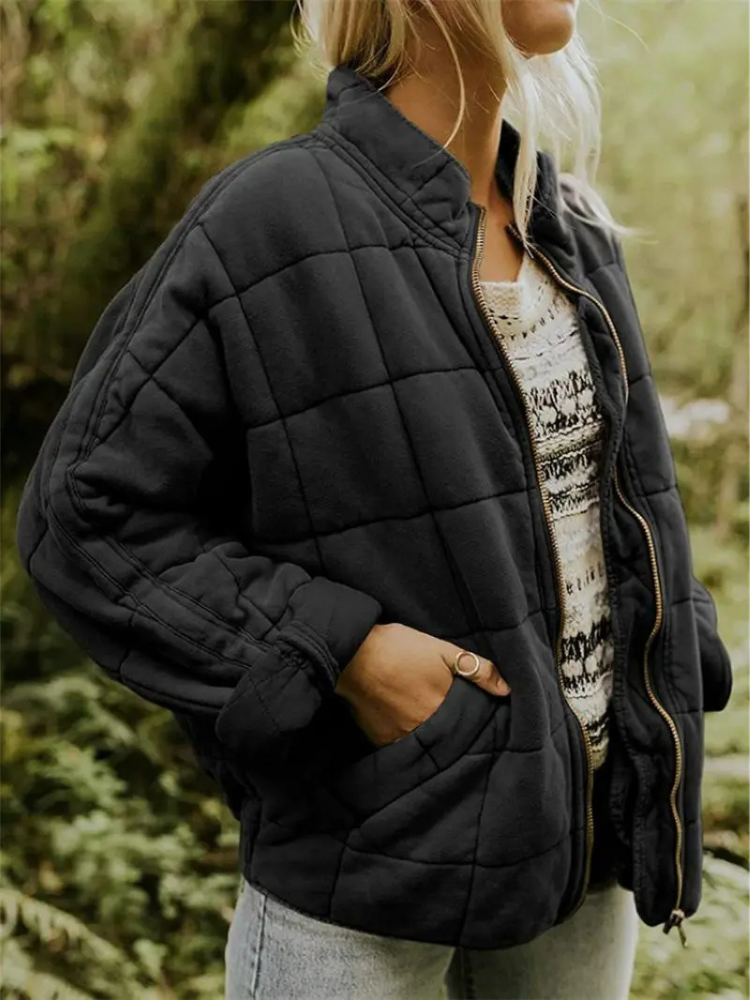 Black quilted bomber jacket front view