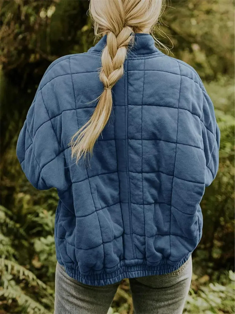 Blue quilted bomber jacket back view