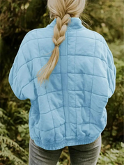 Blue quilted bomber jacket side back view