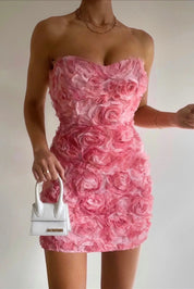 Strapless jurk met roze bloemmotief, front view