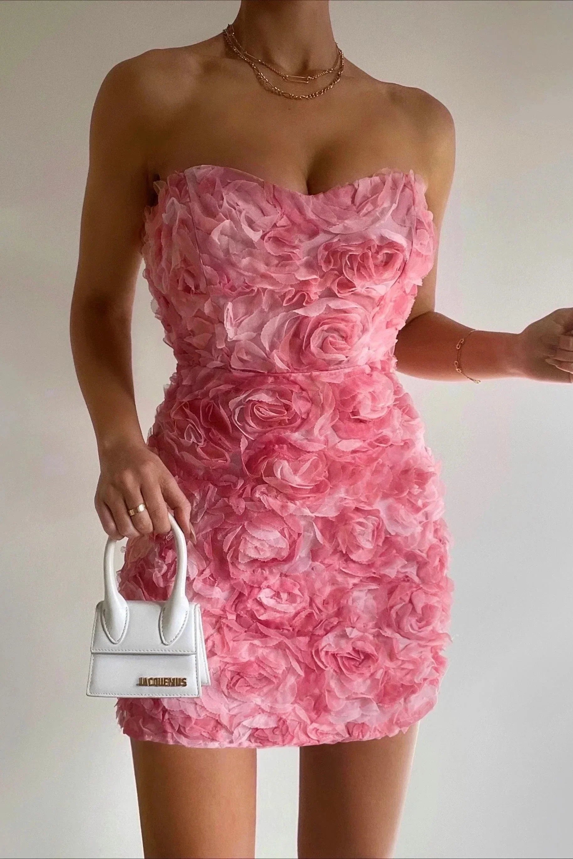 Strapless jurk met roze bloemmotief, front view