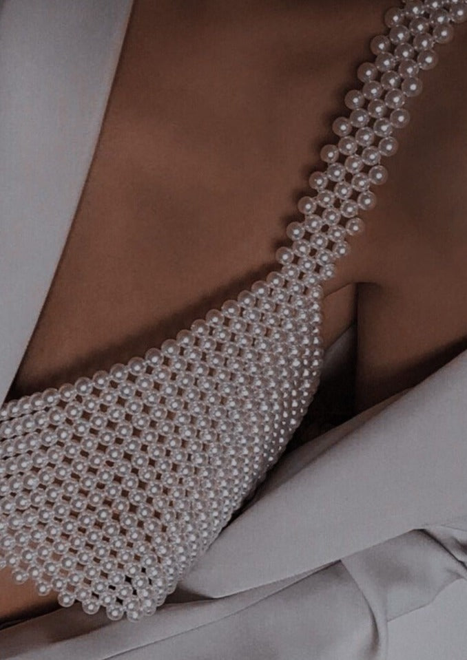 Pearl bralette white close-up on shoulder detail