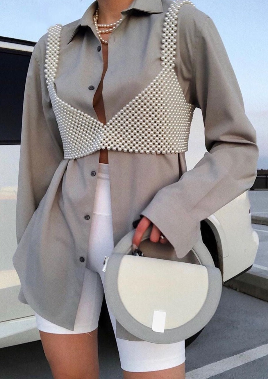 Pearl bralette white worn with gray blazer and shorts, front view