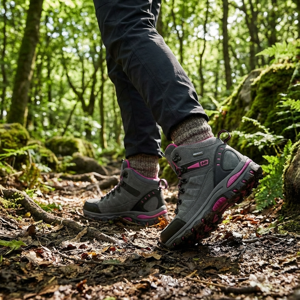 Gray outdoor boots with pink accents worn on forest trail