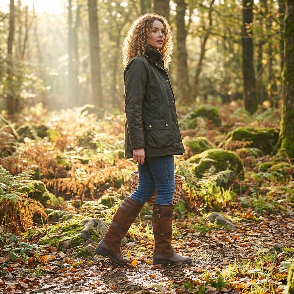 Person wearing brown knee-high boots walking in forest