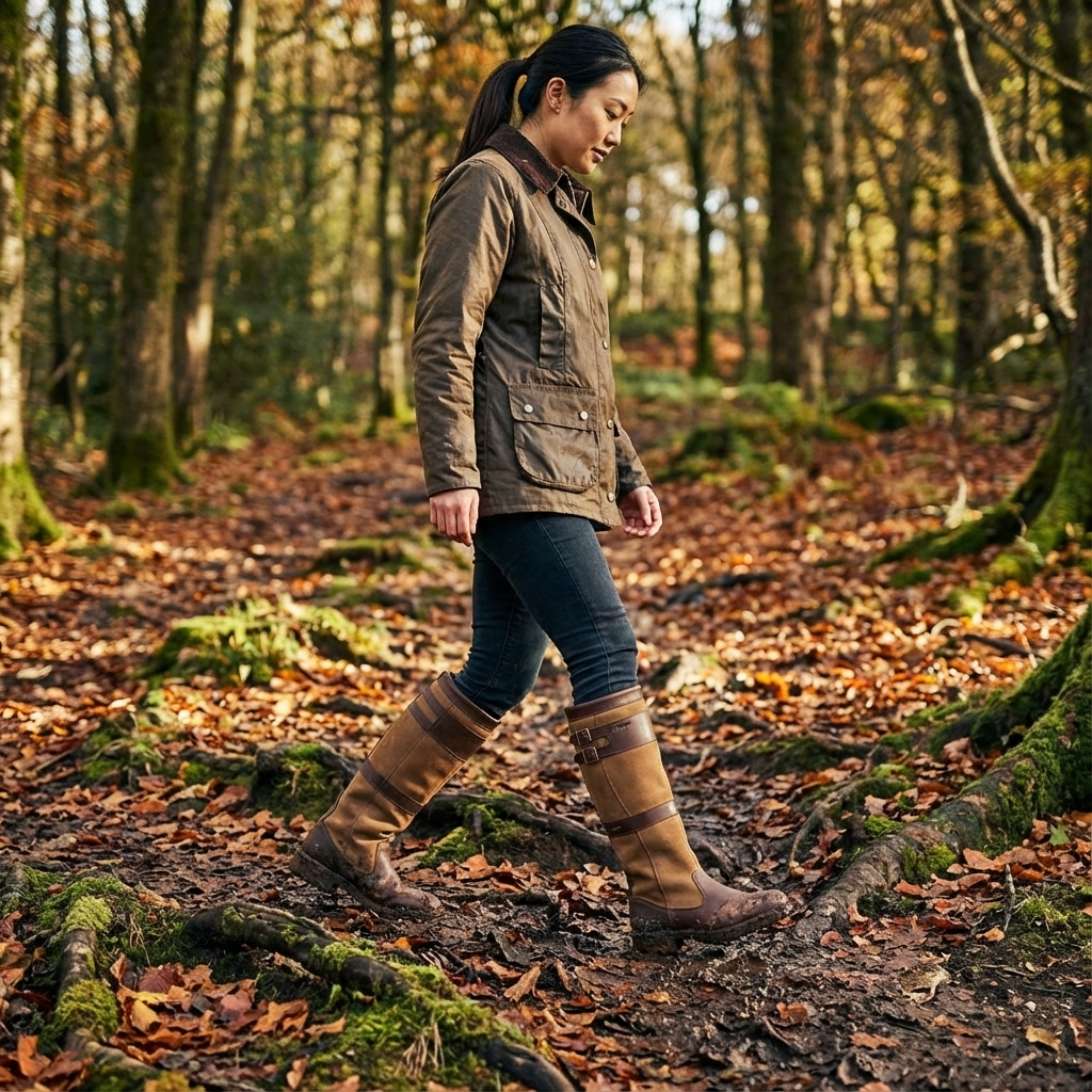 Person wearing brown knee-high boots walking in forest