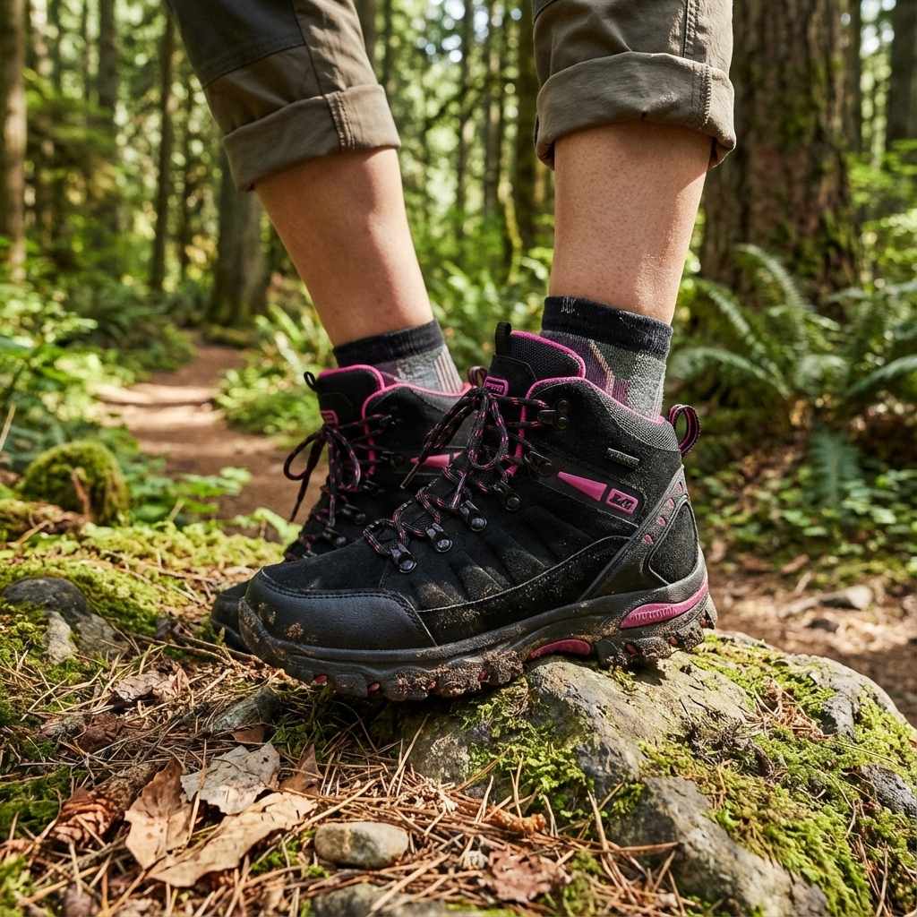 Black outdoor boots with pink accents worn on forest rocks