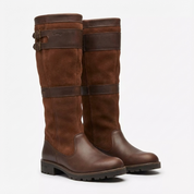Brown leather knee-high boots front view on white background