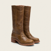 Tan leather boots angled view