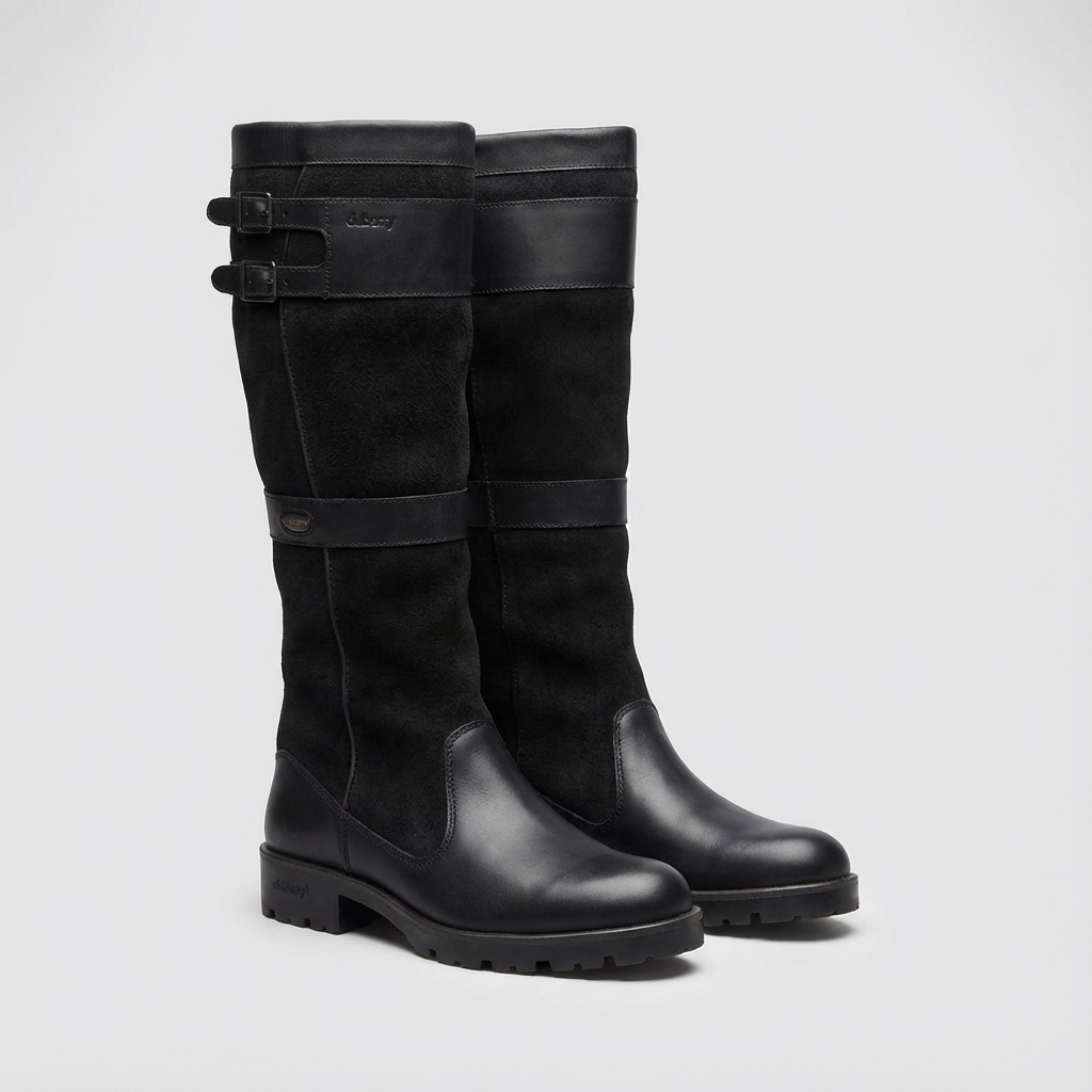 Black leather knee-high boots front view on white background