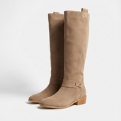 Taupe suede knee-high boots studio shot front view