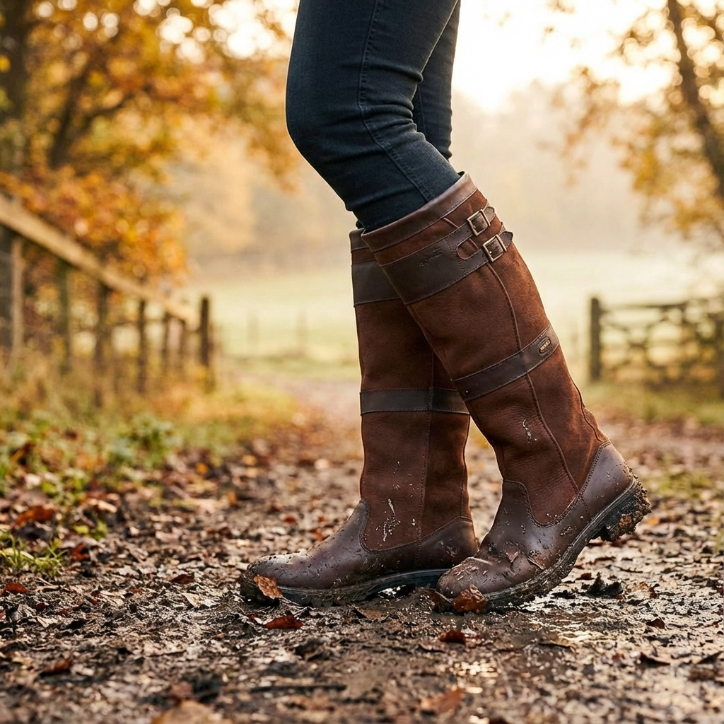 Brown leather knee-high boots with mud on soles, worn on path