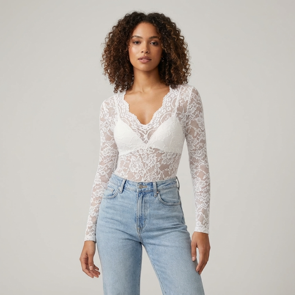 White lace bodysuit with V-neck side view