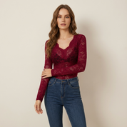 Red lace bodysuit with V-neck front view